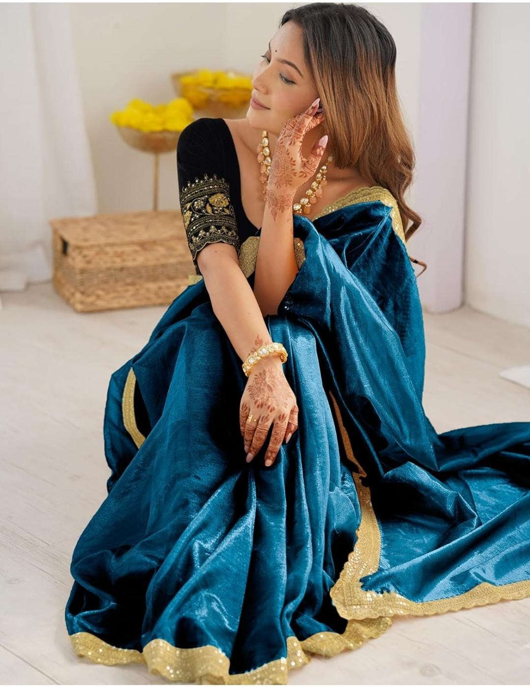 Velvet Royale – Teal Blue Velvet Saree with Golden Border