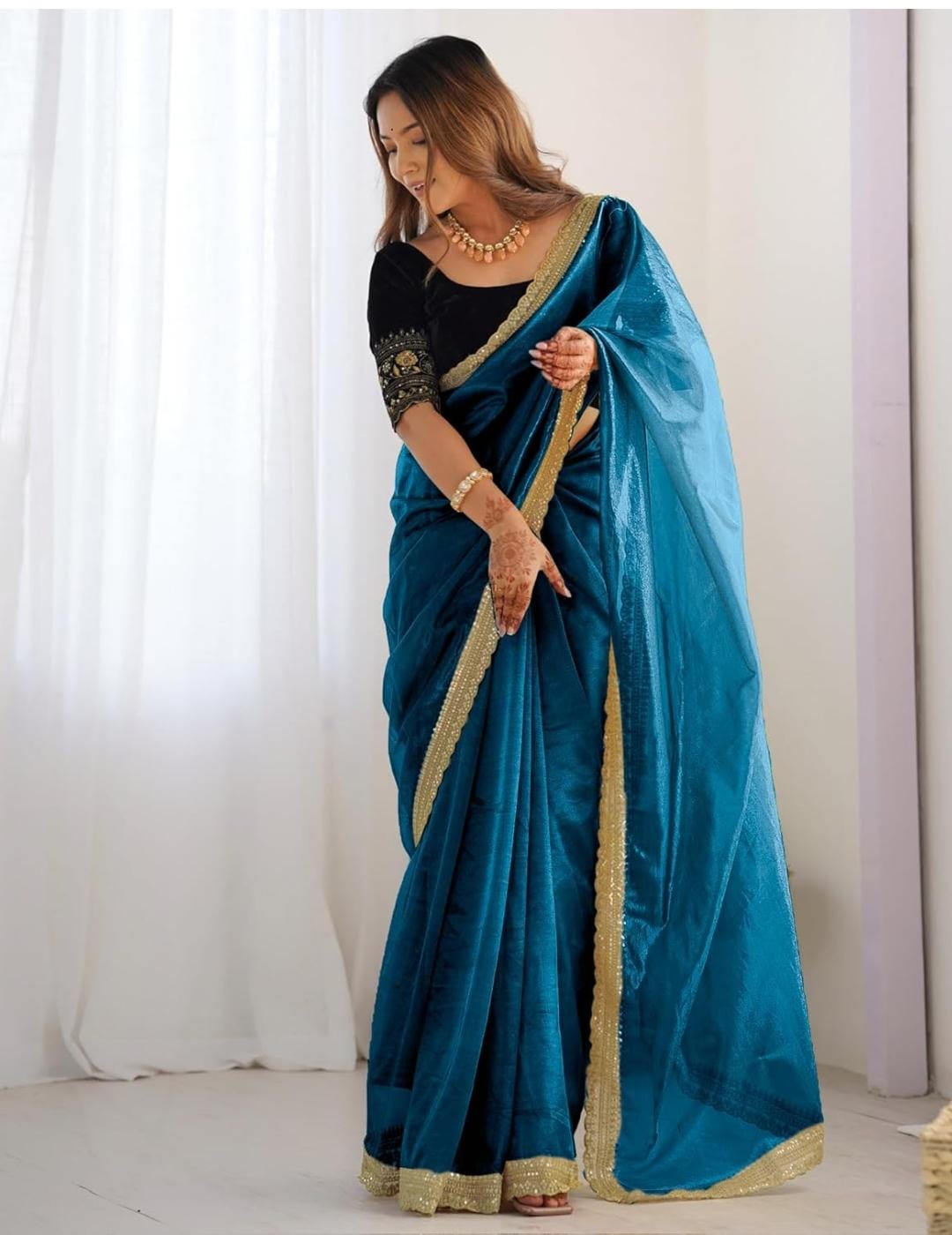 Velvet Royale – Teal Blue Velvet Saree with Golden Border