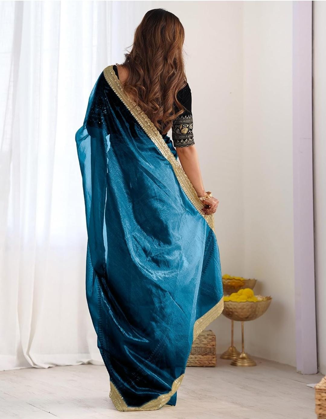 Velvet Royale – Teal Blue Velvet Saree with Golden Border