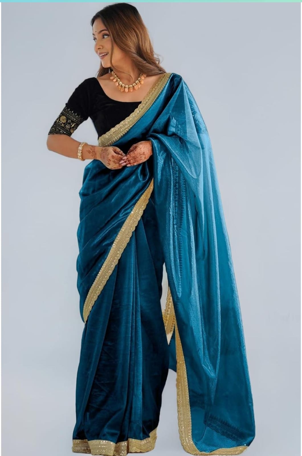 Velvet Royale – Teal Blue Velvet Saree with Golden Border
