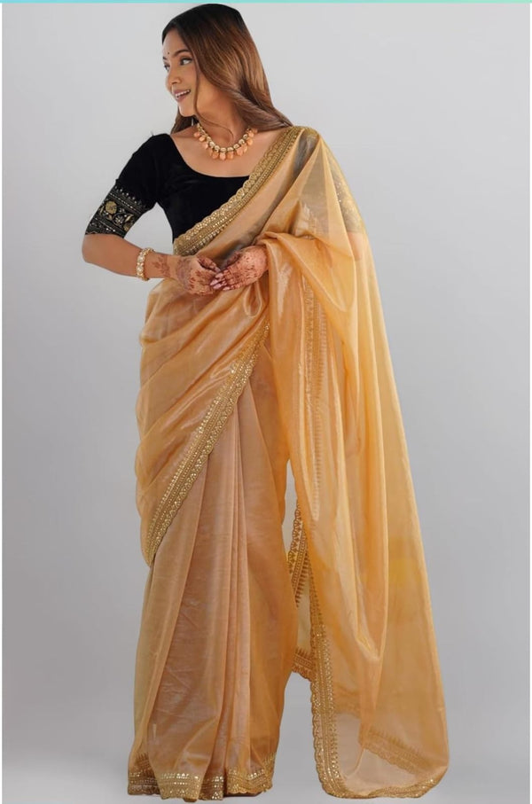 Champagne Grace – Gold Organza Saree with Sequin Border