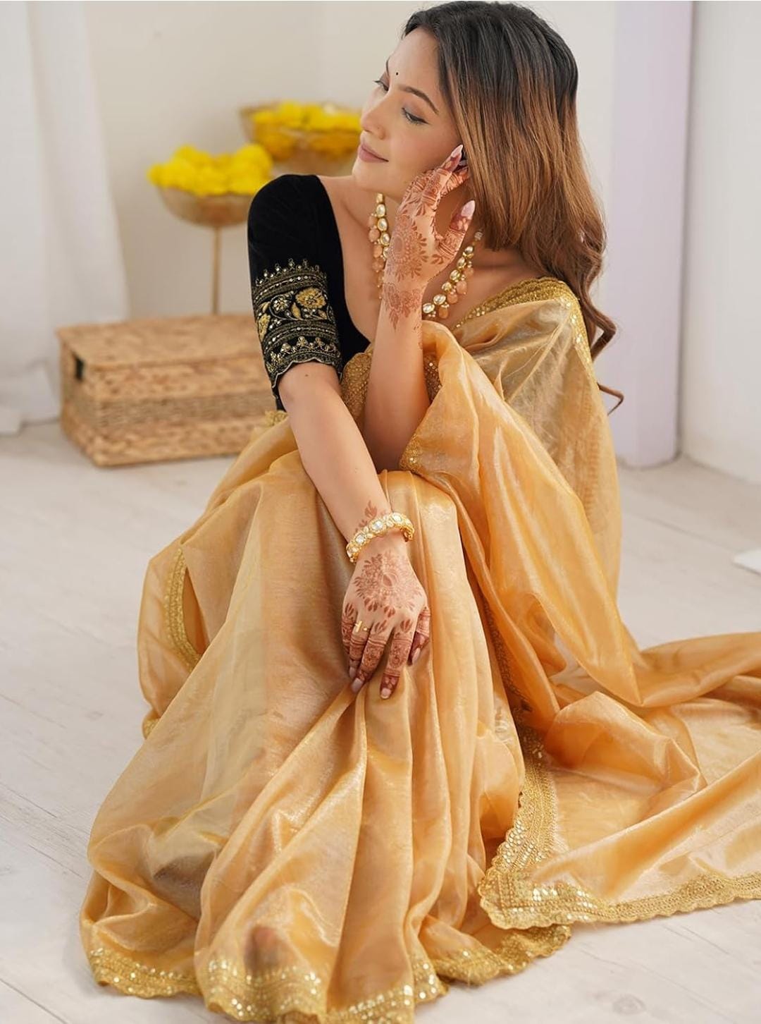 Champagne Grace – Gold Organza Saree with Sequin Border