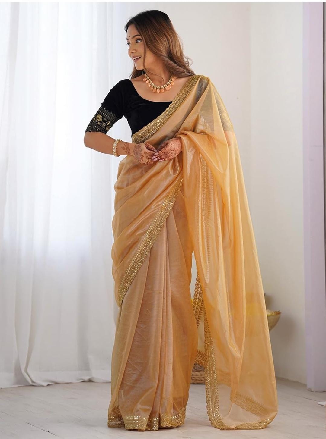 Champagne Grace – Gold Organza Saree with Sequin Border