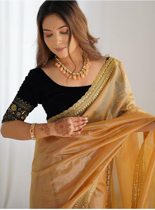 Champagne Grace – Gold Organza Saree with Sequin Border
