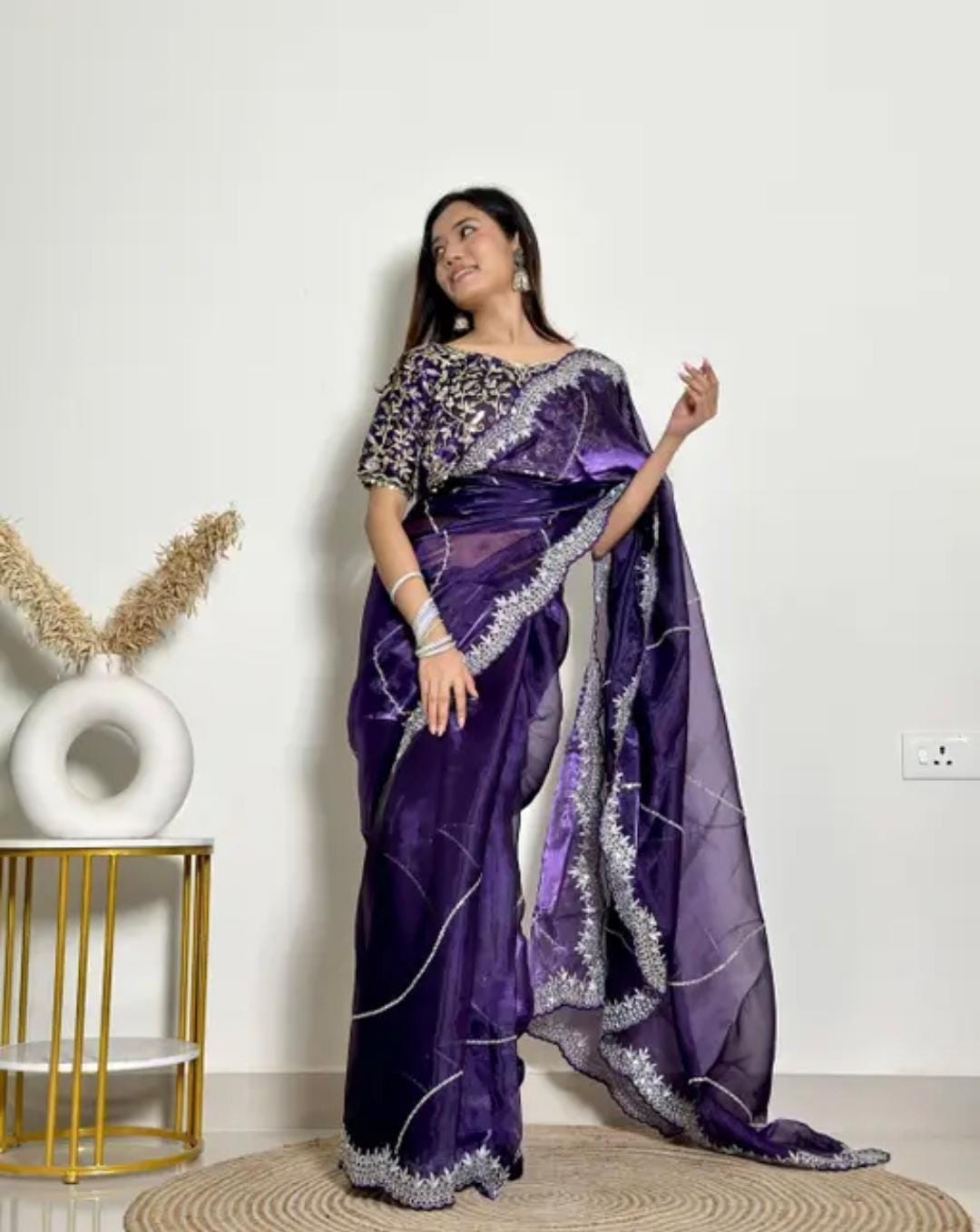 Maharani Velvet – Purple Mirror Work Saree with Designer Blouse