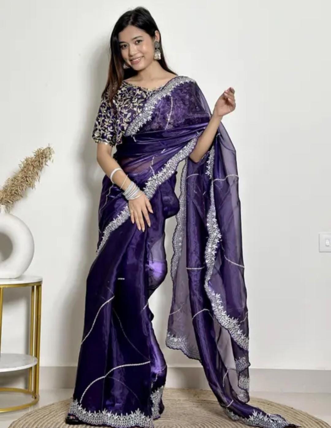 Maharani Velvet – Purple Mirror Work Saree with Designer Blouse