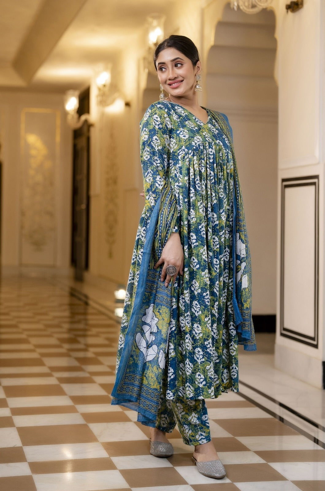 Elegant Blue & Green Floral Cotton Suit Set