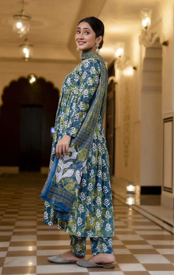 Elegant Blue & Green Floral Cotton Suit Set