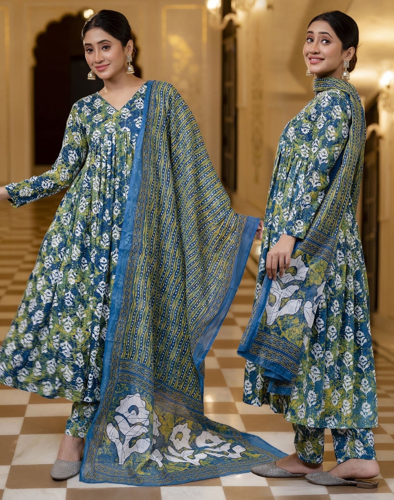 Elegant Blue & Green Floral Cotton Suit Set