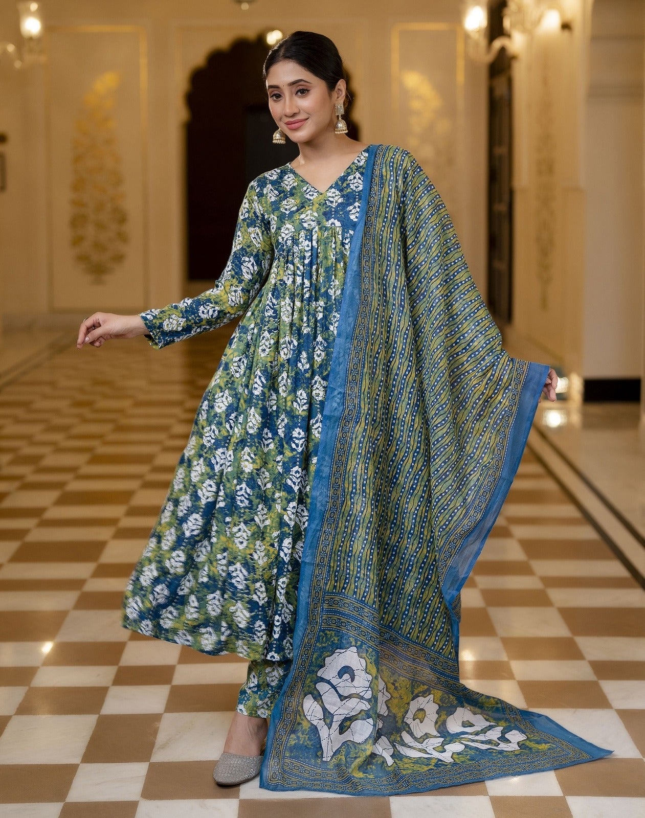 Elegant Blue & Green Floral Cotton Suit Set