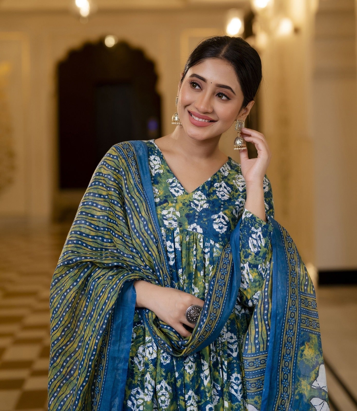 Elegant Blue & Green Floral Cotton Suit Set