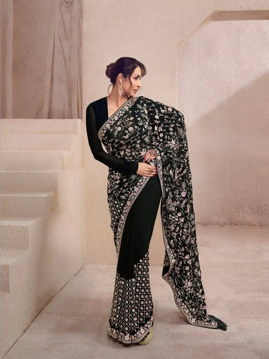 Noor-e-Nazaakat – Black Floral Embroidered Designer Saree