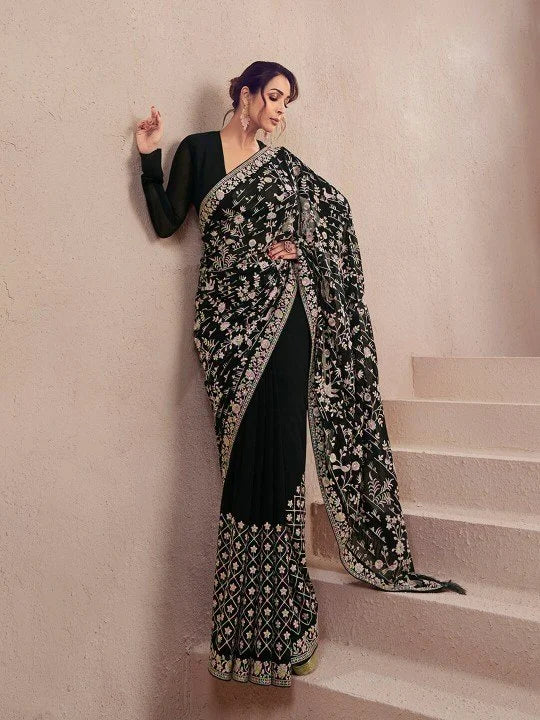 Noor-e-Nazaakat – Black Floral Embroidered Designer Saree