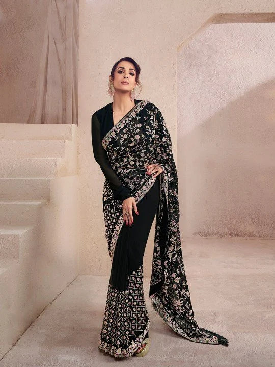 Noor-e-Nazaakat – Black Floral Embroidered Designer Saree