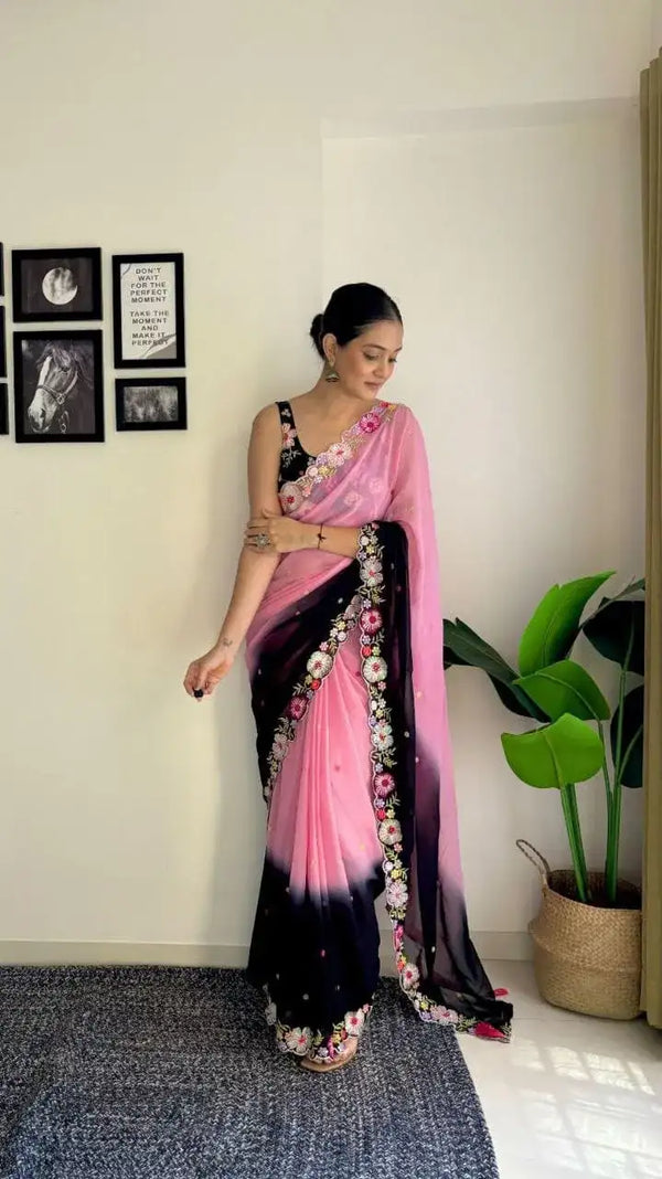Midnight Rose – Ombre Pink & Black Embroidered Saree