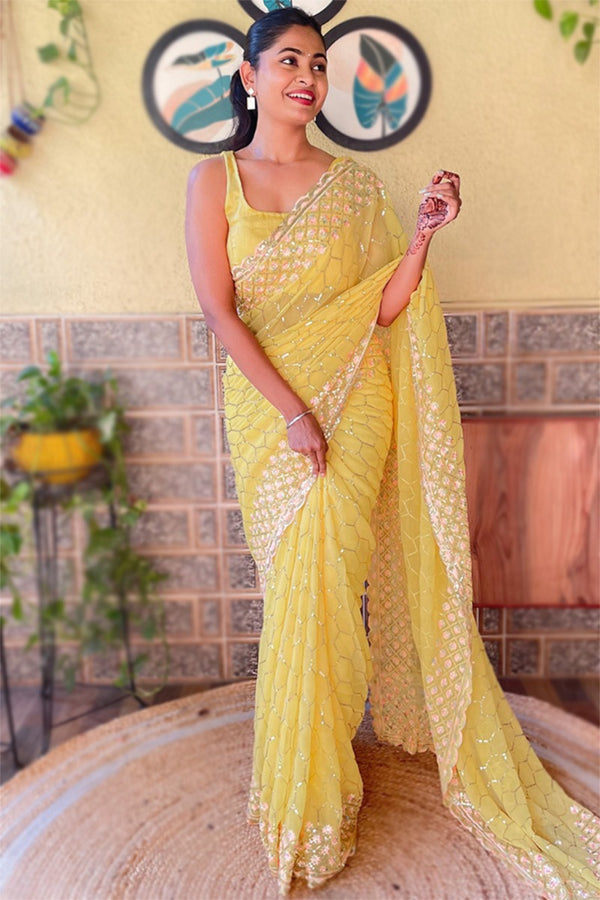 Haldi Glow – Mustard Yellow Sequin Embroidered Saree