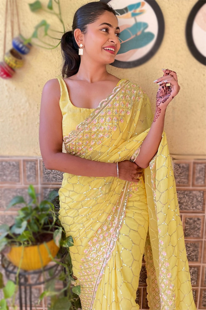 Haldi Glow – Mustard Yellow Sequin Embroidered Saree