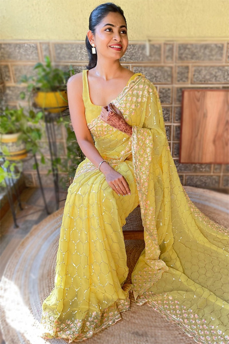 Haldi Glow – Mustard Yellow Sequin Embroidered Saree
