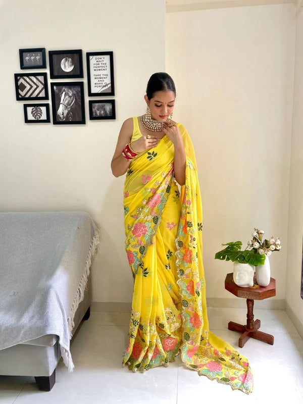 Sunlit Bloom – Yellow Sequin Embroidered Net Saree