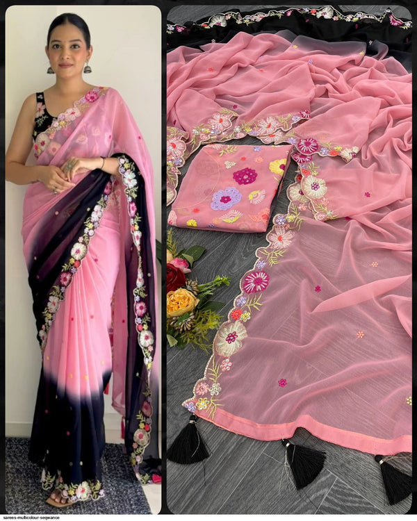 Midnight Rose – Ombre Pink & Black Embroidered Saree